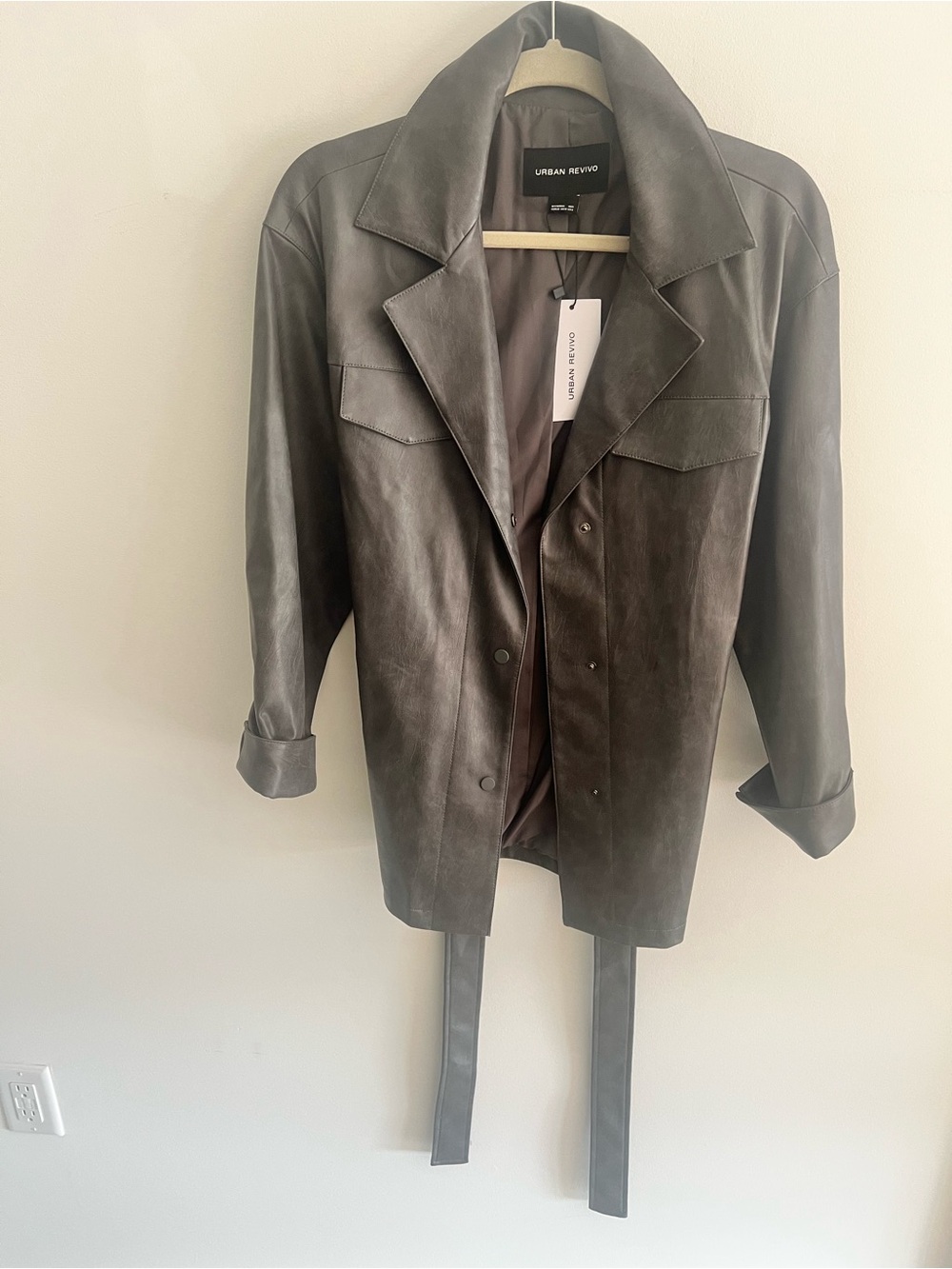 Urban Revivo Dark Gray Faux Leather Trench Coat
